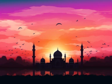 A serene clipart showcasing the silhouette of a mosque against a colorful sunset sky. The scene represents the peaceful and spiritual atmosphere of Eid, as worshippers gather for prayers and celebration.