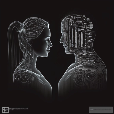 clipart of two people facing each other with a document being electronically transfered from one to the other, the clipart is grey, dark background, futuristic style