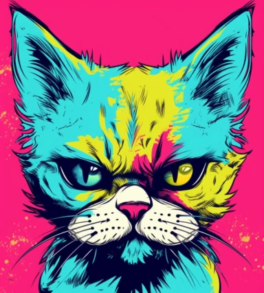 little angry kitten with head tilted portrait clipart,looking at the audience,pop art illustration,Hotline Miami