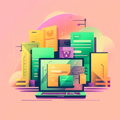 a simple flat microsoft office clip art style illustration of digital business contracts on a computer, documents organized into folders on the background, light pink green yellow pastel color palette--ar 16:9