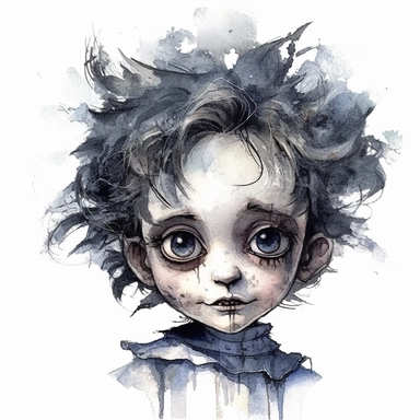 a headshot showing the scary face of a possessed doll with patchy hair, watercolor, ultra high-detail, dark outlines, clipart