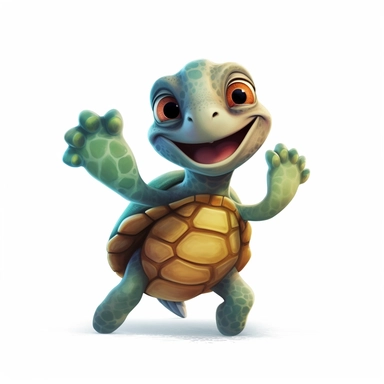 a cute adorable sea turtle with a big smile, dancing, full body image, waving hand, pixar style, clipart, white background