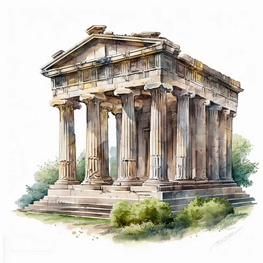 detailed watercolour clipart of an ancient greek temple, white background