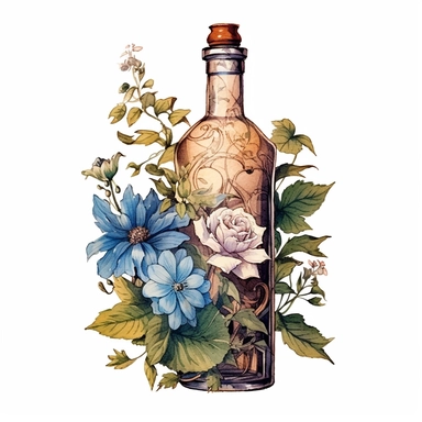 Vintage alcohol bottle with vines wrapped around, flowers, illustration clipart, high detailed, white background, digital art