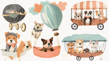 Wood dog Pilot Clipart, balloon with a basket , Aviator Clipart, cute sweet dogs Illustrations vintage