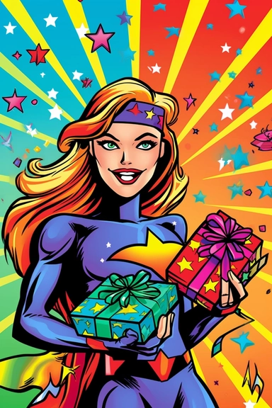 Generate a comic book-style clipart image of a female superhero character's birthday celebration. Use bold and vibrant colors, along with dynamic speech bubbles, to create a sense of excitement. Include elements like cake, gifts, and party decorations in a comic book panel layout