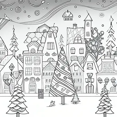 Elaborate Christmas scene, clipart style, line art, bold lines, smooth lines, clean, white, mono, fun, simple, “interesting complimenting background” uhd, 32k