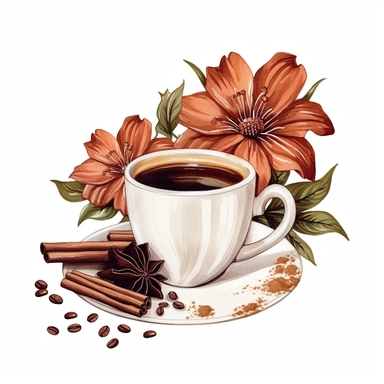 filter cafe for french coffee, cup of coffee, flower digital clipart on white background