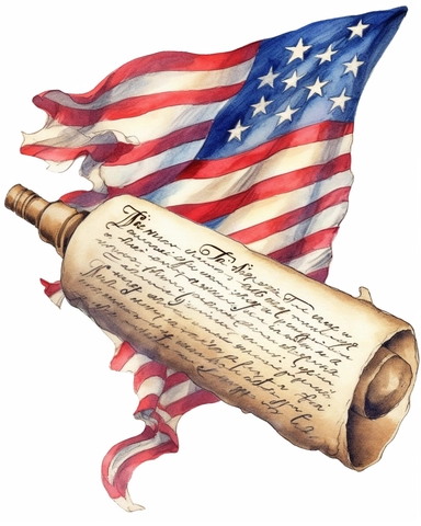Develop a clipart illustration featuring the constitution on a white background that can be used to create unique 4th of July american themed designs. flat image in clipart style. The design should include tha elements of american flag relevant to the 4th of July celebrations