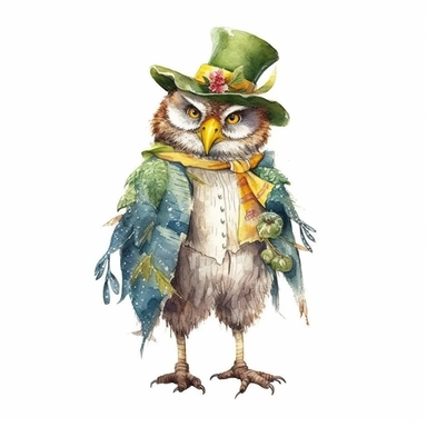 a Cute Happy Owl in the style of Watercolor Kate Greenaway Clipart, White Background