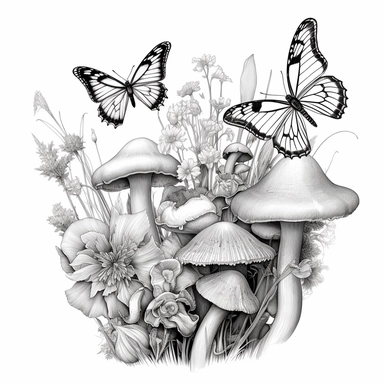 floral.png, Wild flowers & mushrooms, in the style of soft, chic illustration, graphite outlined, nature inspired piece, butterfly & flowers, white background, clipart
