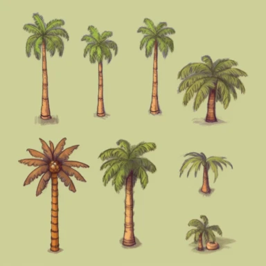 simple palm trees, video game assets, isometric, top down, isolated figures, hand drawn, level art, atmospheric effects, spatial concept art, muralist, clipart, ps1 graphics, deconstructed objects, 2d, plain background
