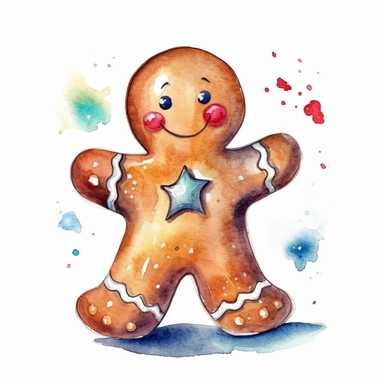 watercolor style, Gingerbread man: A cookie shaped like a person, often decorated with icing and candies. clipart, isolated on white background, 4K