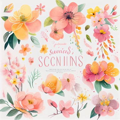 a bunch of watercolor flowers with the words spring blossoms, pink orange flowers, clipart, [ [ soft ] ], full detail, sitting down, thumbnail, crisp details, cherry blossoms in the wind, pattern, details, header, floral details, full details, 1 / 8 0 s, smeared flowers, pink yellow flowers, pastel flower petals flying, mason, school, heart shaped composition
