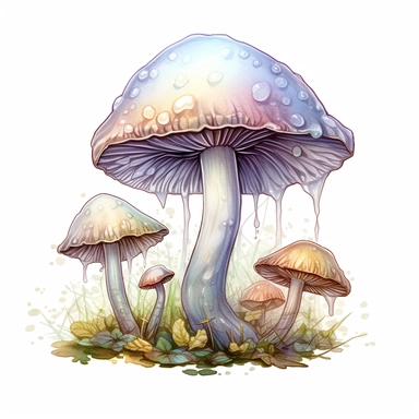 watercolor, hyper realistic, white background, white margins, 16k, ultra detailed clipart, cut out image, hand-drawn, whimsical manhwa style, ultra HD, sharp and clean art mushroom with a charming, rounded shape and delicate, translucent wings attached to its stem. The cap can have pastel colors and shimmering accents to evoke a sense of enchantment and fantasy.