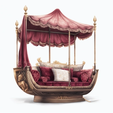 watercolor, hyper realistic, white background with margins, 8k, ultra detailed clipart, victorian, luxurious, Victorian steampunk-style gondola, complete with an ornate, brass-trimmed pole and plush, velvet cushions, burgundy
