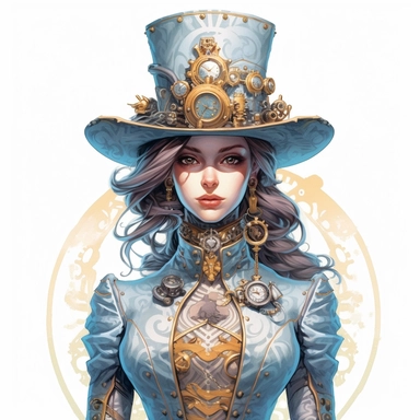 Solid white background. Waist-up depiction of a compelling steampunk woman with a magnetic gaze, looking directly at the viewer. Her skin is a beautiful white hue. She's wearing pastel blue and gold attire, featuring Victorian-inspired silhouettes and steampunk mechanical motifs. Her steampunk hat, adorned with built-in goggles, adds an industrial touch to her look. No steampunk details are in the background. Pastel clipart, hyper-realistic, retro-futurism, solid white background