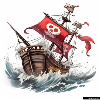 Clipart of a pirate ship on rough seas, with a skull and crossbones flag, white background
