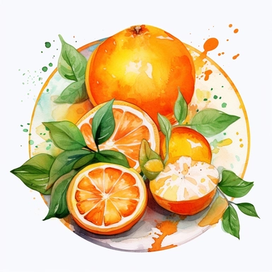 An Orange fruit with a slice cut out, placed on a plate or tray with other fruits or desserts , Watercolor, pastels, clipart, beautiful, colourfull, png transparent white background, high resolution, no caption q4 s2
