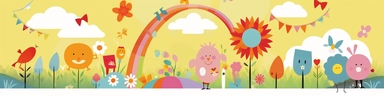 colorful banner with clipart stars, easter egg, stick figures, one flower, sun, bird