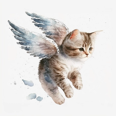 kitten with angel wings flying, cute, watercolor, white background, clipart