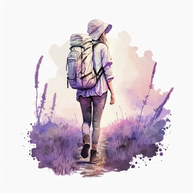 water color girl hiking in a lavender field in summer, at sunset on a windy day, light pink colors, she is wearing boots and backpack, realistic look, clipart, hd, white background