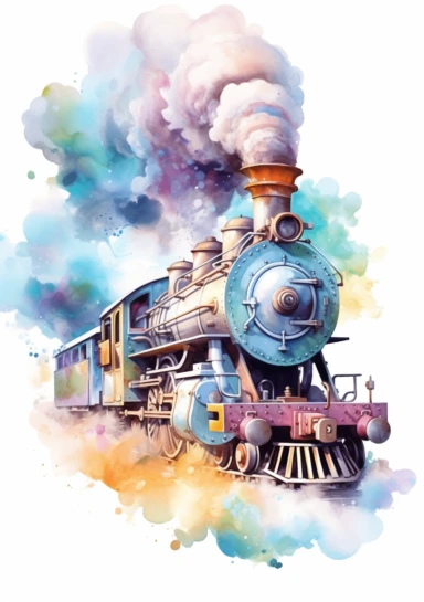 Pastel train, big beautiful locomotive, bursting with steam, Steampunk Clipart, Printable Watercolor, Retro Futuristic, Victorian Era Art Print, colorful, details, high quality 8K, white background