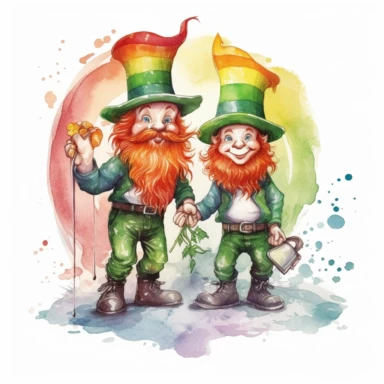Kids Storybook style Leprechauns and Rainbow from Kelt mythology with watercolor effect,Green Dressed,Red bearded,Ireland scene,Suitable for digital clipart,White background,Full body ,vibrant colors,cartoon style