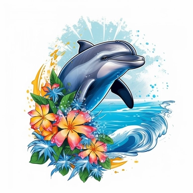 hawaiian dolphin, beach-summer-tropical-hawaii themed Sublimation Clipart ,Cartoon,hyper realistic, intricate detail, illustration style,high solution,on the white background