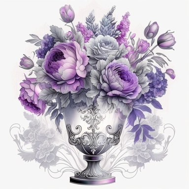 beautiful bouquet of purple flowers in crystal vase, romantic, shabby chic, ethereal. clipart style