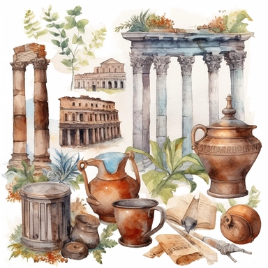Watercolor roman forum with roman people trading, illustrations clipart set, simple, , cartoon elements, different variants , iron elements, marble elements, cloth elements, herbal elements, earthenware elements, separate elements with a margin