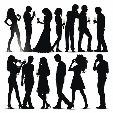 dancing black silhouettes of young boys and girls party with drinks kissing couples and alone standing figures of girls students separated graphic on white background party vector clipart style