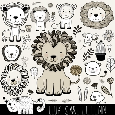 cute lion 2D clip art doodles, line art, black and white