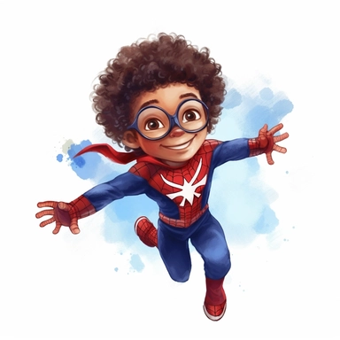 A cute little biracial, newborn baby boy superhero as marvels spiderman jumping, curly afro hair, red and blue colors, watercolor art, clipart