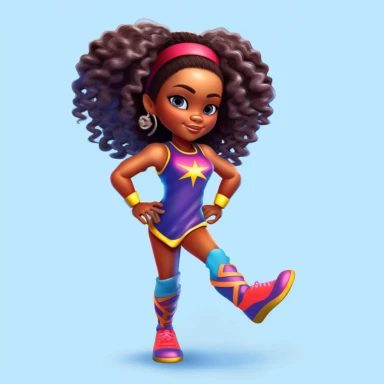 clipart, digital doll, popular, gorgeous black girl superhero, long wavy ponytail, girl character that loves having fun, cheerleading, dance, art, gym shoes, cool kid, vibrant colors, popular art style, cultural value, 8k, intricately drawn and rendered, — v5