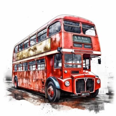 london-red-bus clipart, Minimalist Strong watercolor, wide angle, 2D, hdr, isolated on a white background, no-paint-overspill