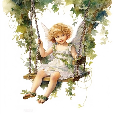 an insanely cute two years old girl as a garden fairy sitting on s swing which is hanging from a tree branch ,magical , Fantasy ,a fairy word scene, painted by ann buccarelli, watercolor, white background, watercolour, insanely detailed, on white background, amazing colour combo , with detailed watercolor , bec winnel, intricately textured, close up, walter Langley, lucy grossmith, heavy impasto technique, detailed shading, atmospheric watercolours, on white background clipart
