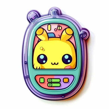Create a colorful Y2K-style clipart illustration of a clear plastic transparent Tamagotchi. The illustration should showcase the iconic handheld digital pet with a vibrant and playful design. The Tamagotchi should be depicted in its classic egg-shaped form, with a pixelated screen displaying a cute digital creature. The color palette should include bold and neon shades, reminiscent of the vibrant Y2K era. Incorporate elements like stars, hearts, and geometric shapes in the background to add to t