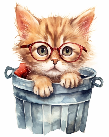detailed watercolor Kitten in basket with eyeglasses , realistic, isolated on a white background, clipart