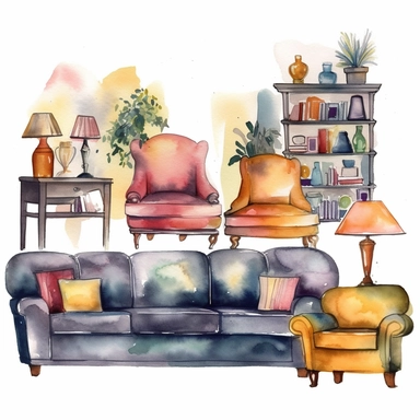 watercolor, Set of furniture for living room isolated on white png Full body realistic cartoon in 32K UHD cute. 15 cm thick outline. Black color. There was no shadow on the ground. 8k with realistic watercolors and detailed illustrations. PNG clipart, tra