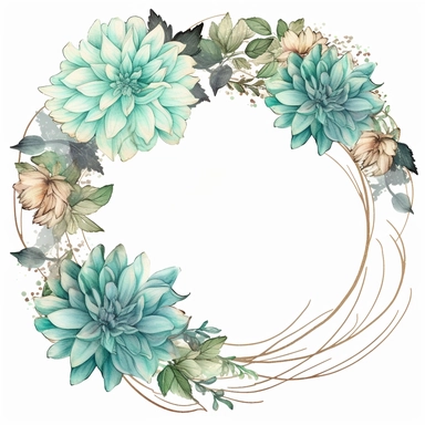 a floral frames made with teal and pastel teal Dahlia flowers, wet on dry watercolour style, antique look, clipart, white background
