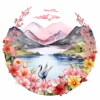 Watercolor , A pillow shaped mountain ridge and a circular pond, A bird's-eve viewaerialview , Clipart on the background of blooming flowers.