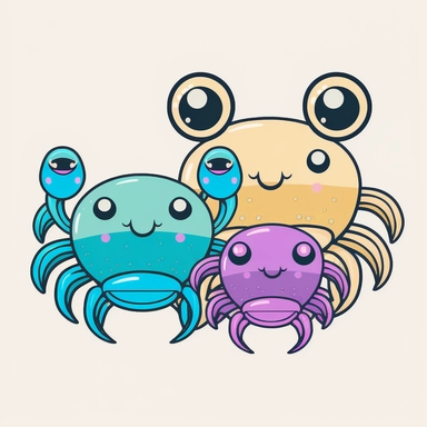 family of crabs, baby crab, mommy crab, daddy crab, clipart style, vector, logo, cute, golden, purple, teal, pink, lite blue, picture book style, children's lesson book, captivating, kid friendly cute character, black and white, coloring book style, cartoon style, vector image, simple, line art style, character, white background