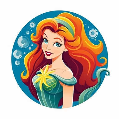 Create a vector clipart that emulates the Disney art style, showcasing a mermaid akin to Ariel from 'The Little Mermaid.' The mermaid should bear a stylish and dynamic design, complete with a vibrant, colorful mermaid tail. An emblem should be woven into the design, retaining harmony with the overall look while maintaining prominence, flowers, fish