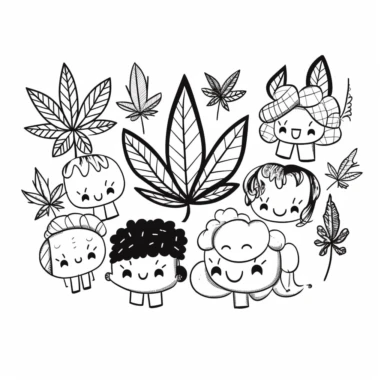 Illustration hand draw style of kawaii cannabis, black and white , clipart collection, clean lines, vector line, white background