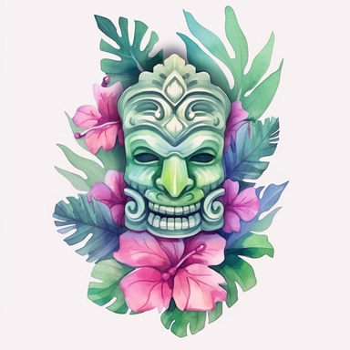 pastel boho watercolor hawaiian tiki clipart, in the style of light magenta and light emerald