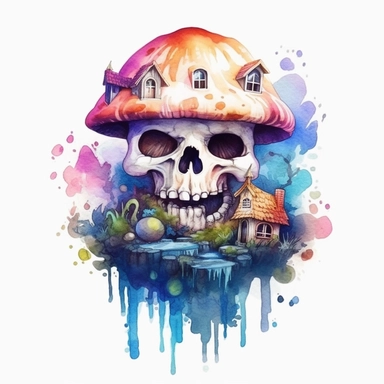centralized clipart of a evil skull mushroom fae houses in the style of enchanting watercolors, emotive storytelling, multilayered dimensions, deathcore, illusionistic images white background
