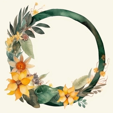 an empty frame surrounded by tropical flowers clipart, shades of gold and deep dark green, watercolor