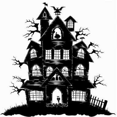 halloween haunted house clipart, black color, white background, minimalistic drawing