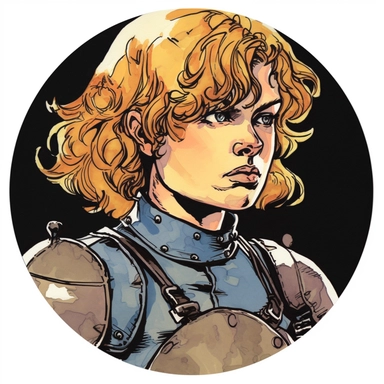 tough young girl Roundhead Puritan armor, Josh Kirby Mad Max Lord of the Rings, enamel punk zine indie, clipart illustration, circular solid background, circular border